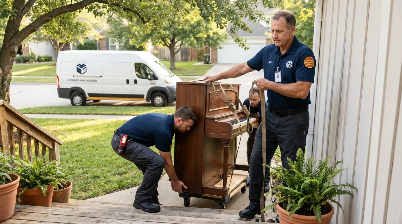Licensed piano movers securing grand piano in Inez, KY