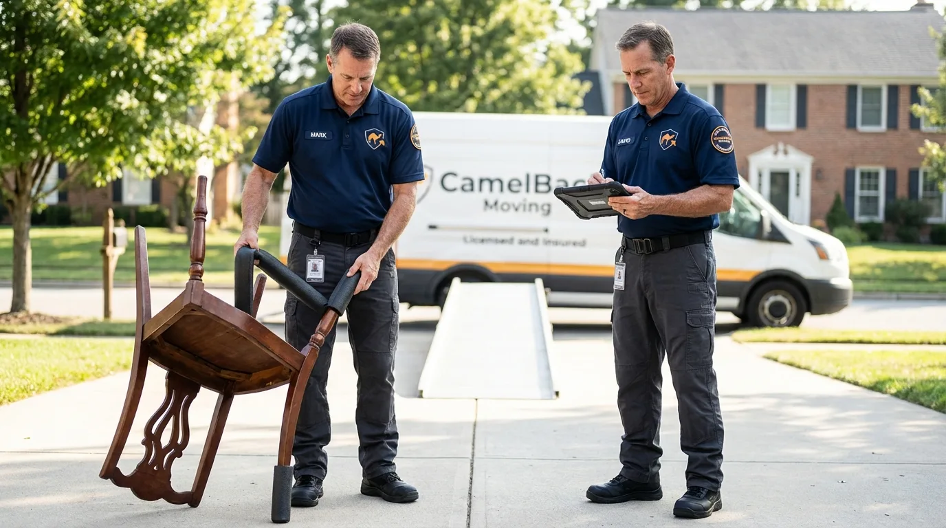 Movers inspecting furniture for damage prevention before loading in Inez, KY