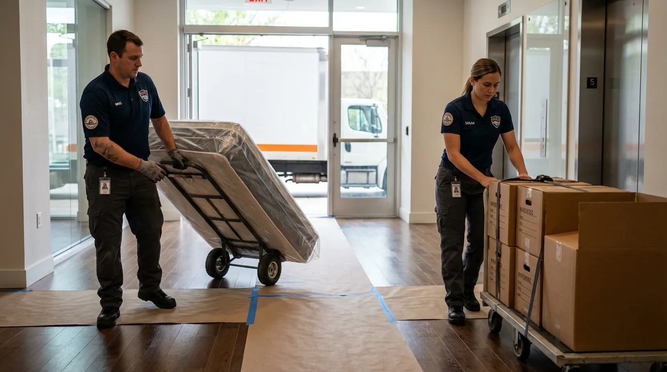 Professional apartment movers loading elevator in Inez, KY